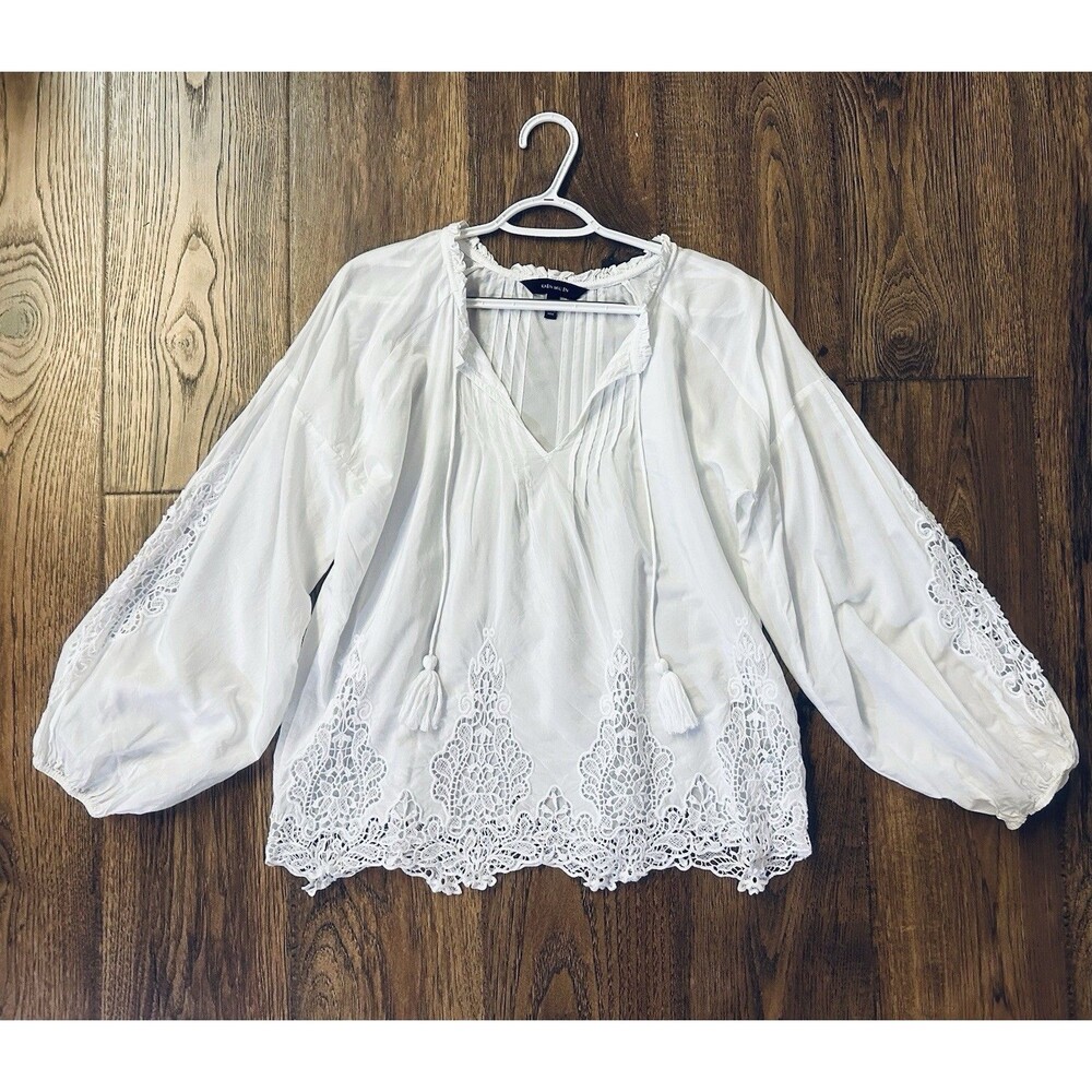 Karen Millen Boho Peasant Blouse White Lace Tassel Viscose Cotton M Oversized
